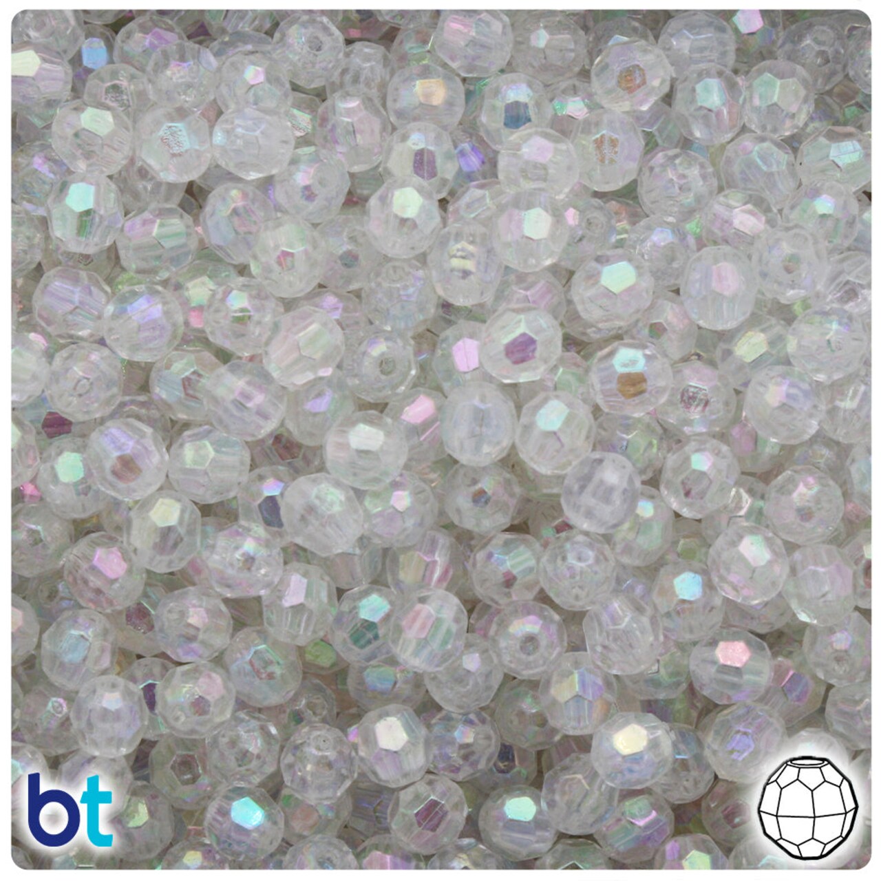 BeadTin Clear Transparent AB 6mm Faceted Round Plastic Craft Beads (500pcs)